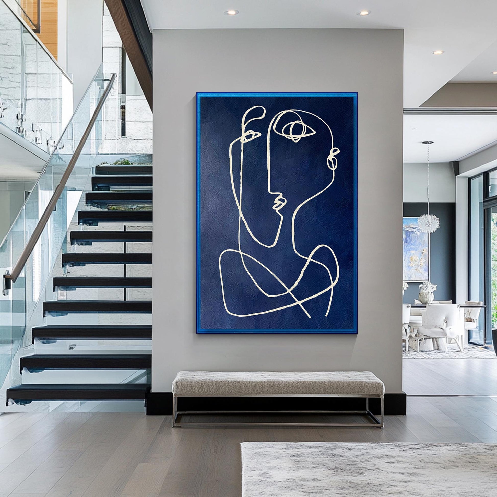 Modern Picasso Style Wall Art, Navy Blue Line Abstract Painting, Textured Minima #4