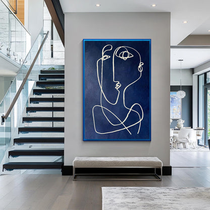 Modern Picasso Style Wall Art, Navy Blue Line Abstract Painting, Textured Minima #4