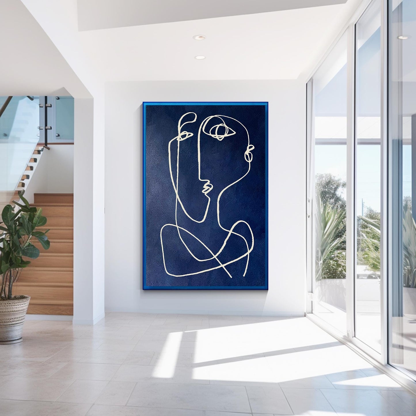 Modern Picasso Style Wall Art, Navy Blue Line Abstract Painting, Textured Minima #5