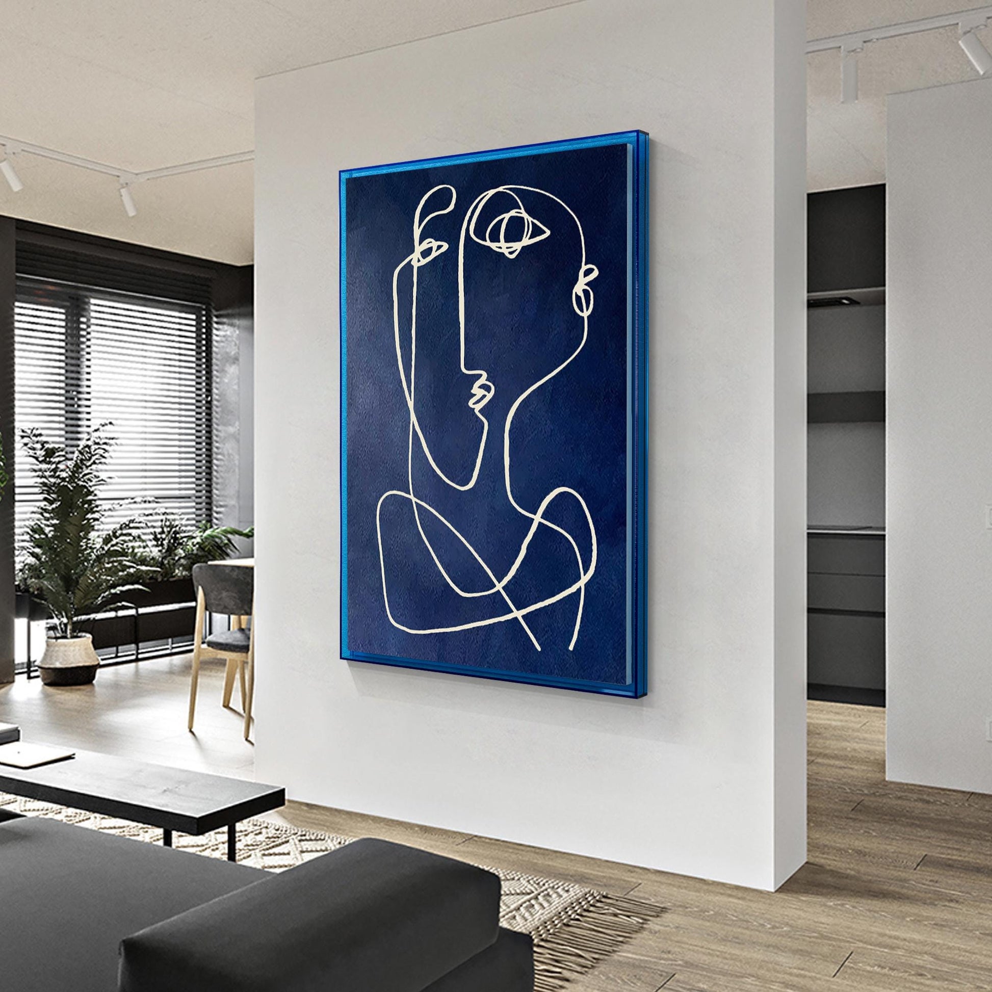 Modern Picasso Style Wall Art, Navy Blue Line Abstract Painting, Textured Minima #6