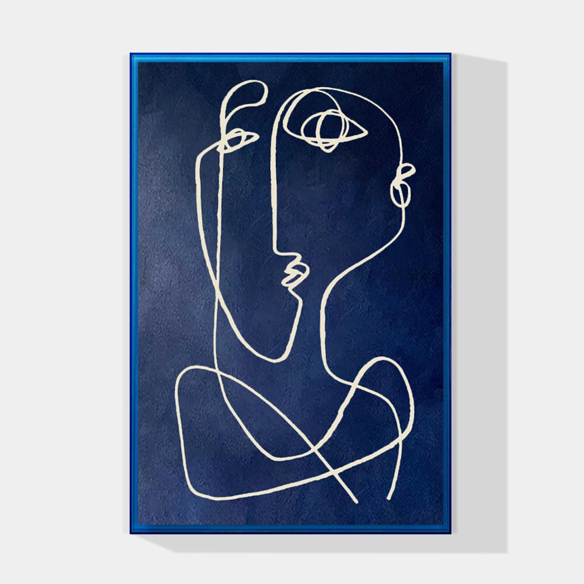 Modern Picasso Style Wall Art, Navy Blue Line Abstract Painting, Textured Minima #10