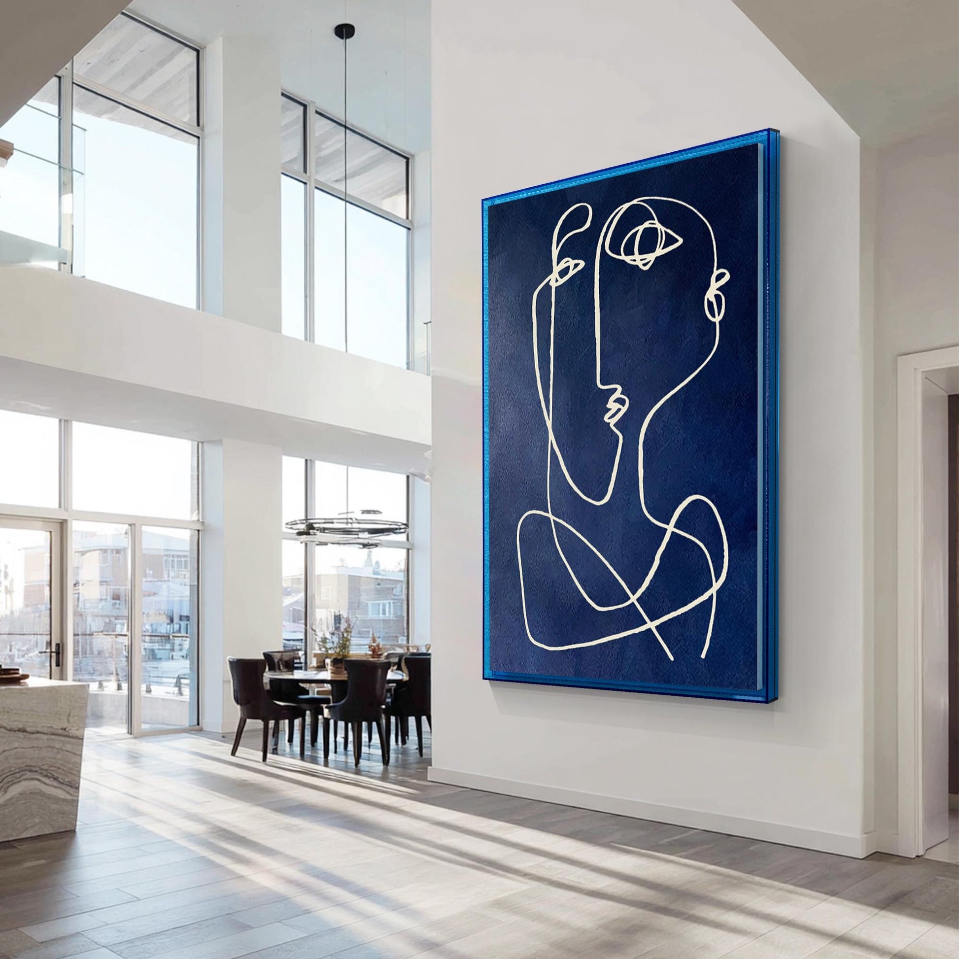Modern Picasso Style Wall Art, Navy Blue Line Abstract Painting, Textured Minima #1