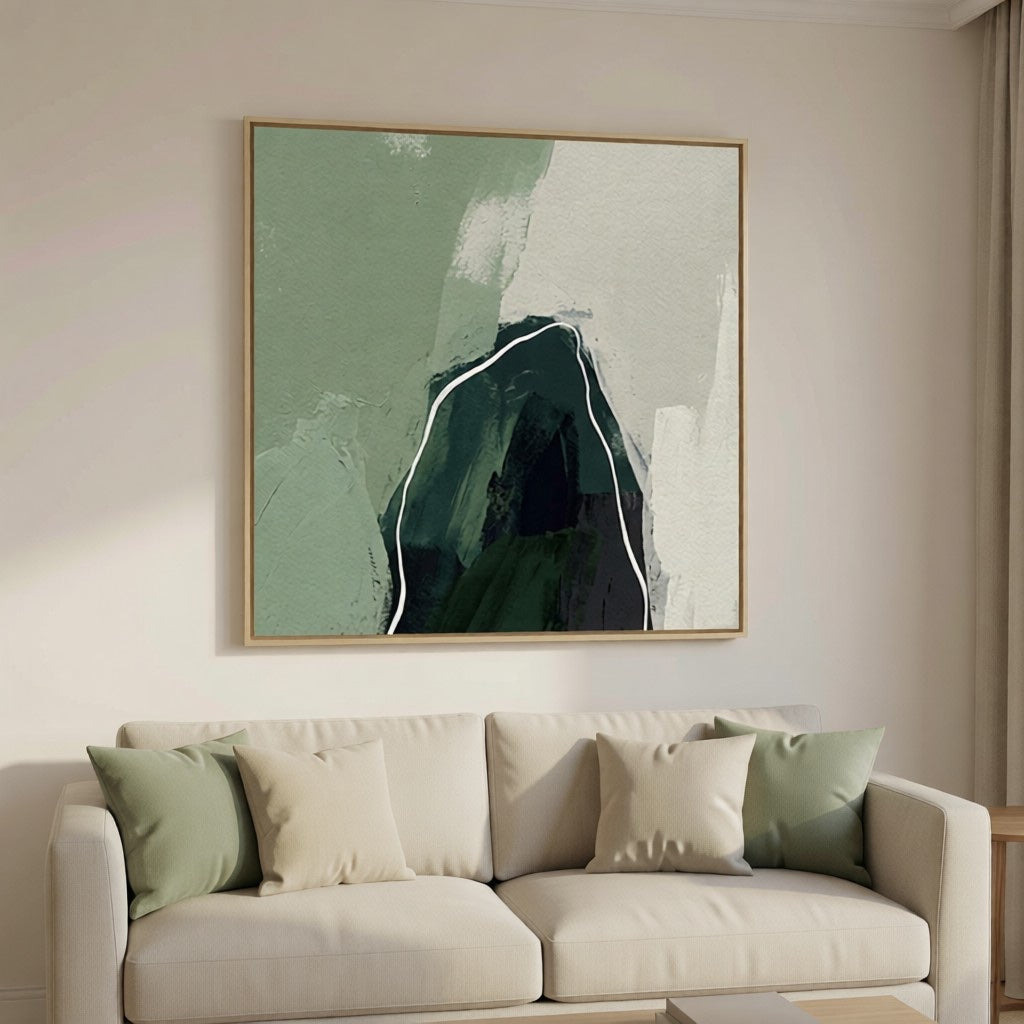 Modern Sage Green Abstract Mountain Oil Painting Wall Art styled in a refined neutral room setting to show wall scale, calm proportion, and interior decor mood.