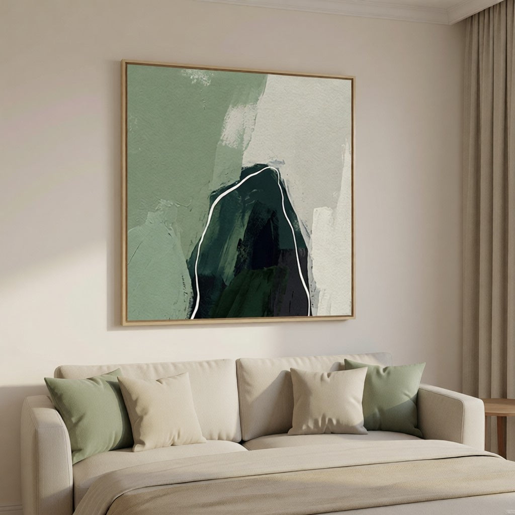 Modern Sage Green Abstract Mountain Oil Painting Wall Art styled in a refined neutral room setting to show wall scale, calm proportion, and interior decor mood.