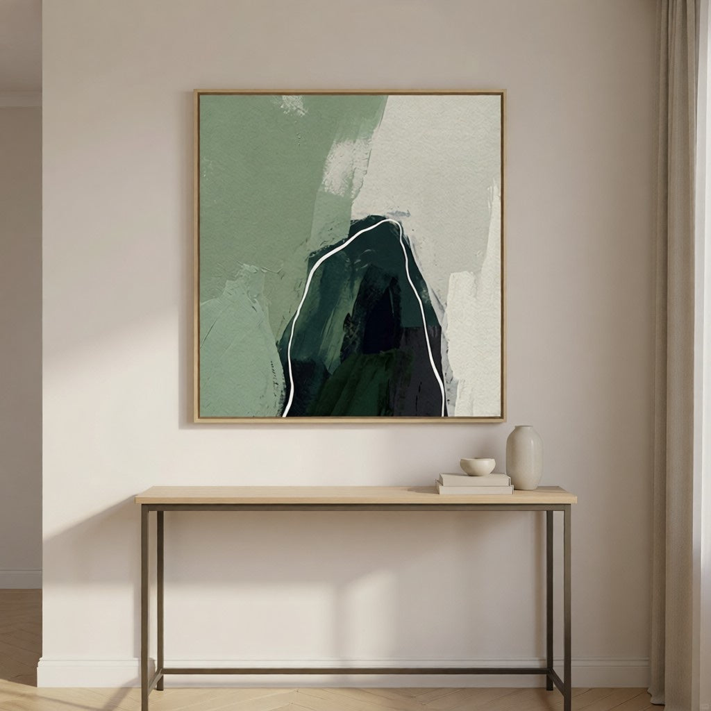 Modern Sage Green Abstract Mountain Oil Painting Wall Art styled in a refined neutral room setting to show wall scale, calm proportion, and interior decor mood.