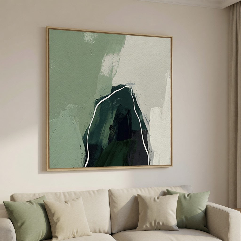 Modern Sage Green Abstract Mountain Oil Painting Wall Art styled in a refined neutral room setting to show wall scale, calm proportion, and interior decor mood.