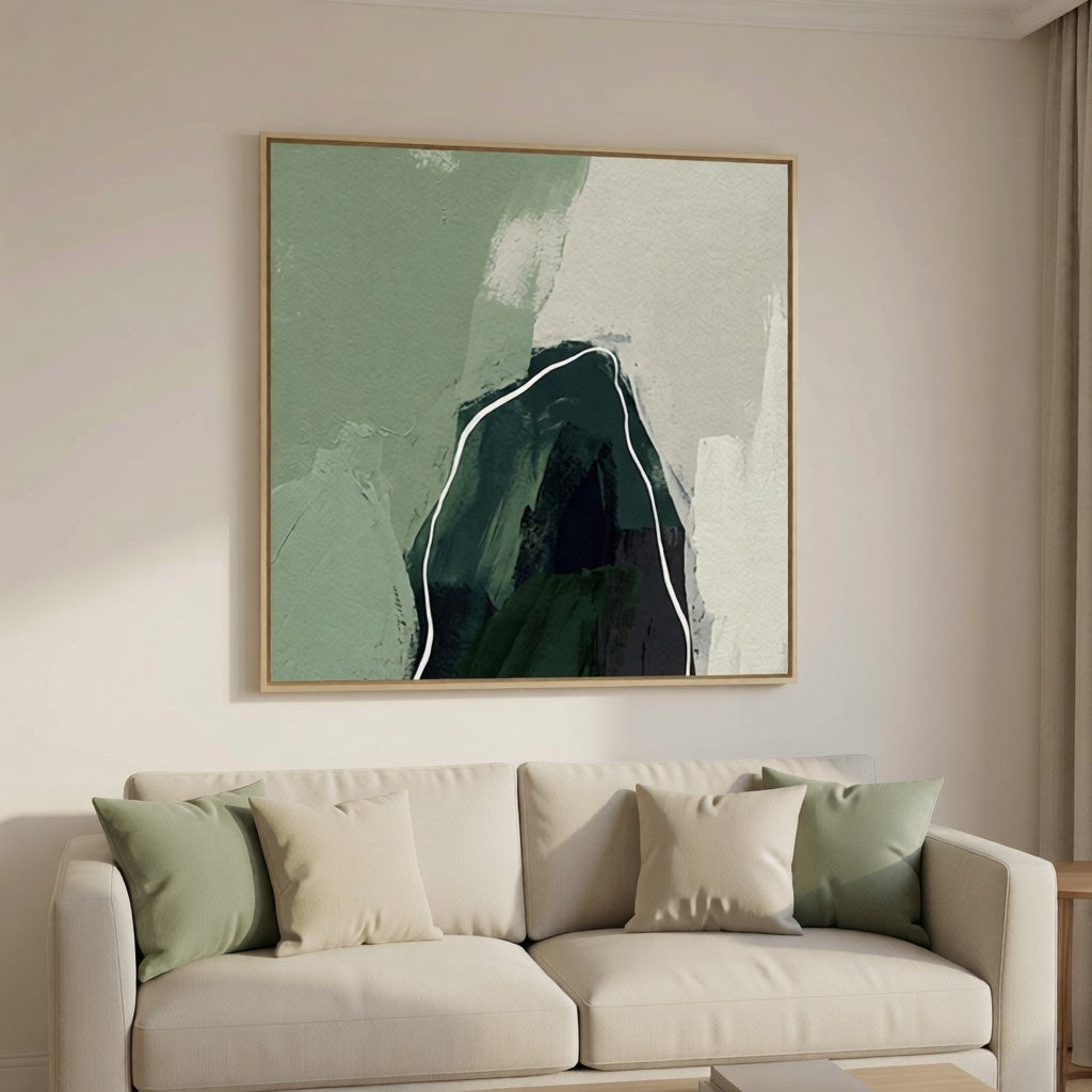 Modern Sage Green Abstract Mountain Oil Painting Wall Art styled in a refined neutral room setting to show wall scale, calm proportion, and interior decor mood.