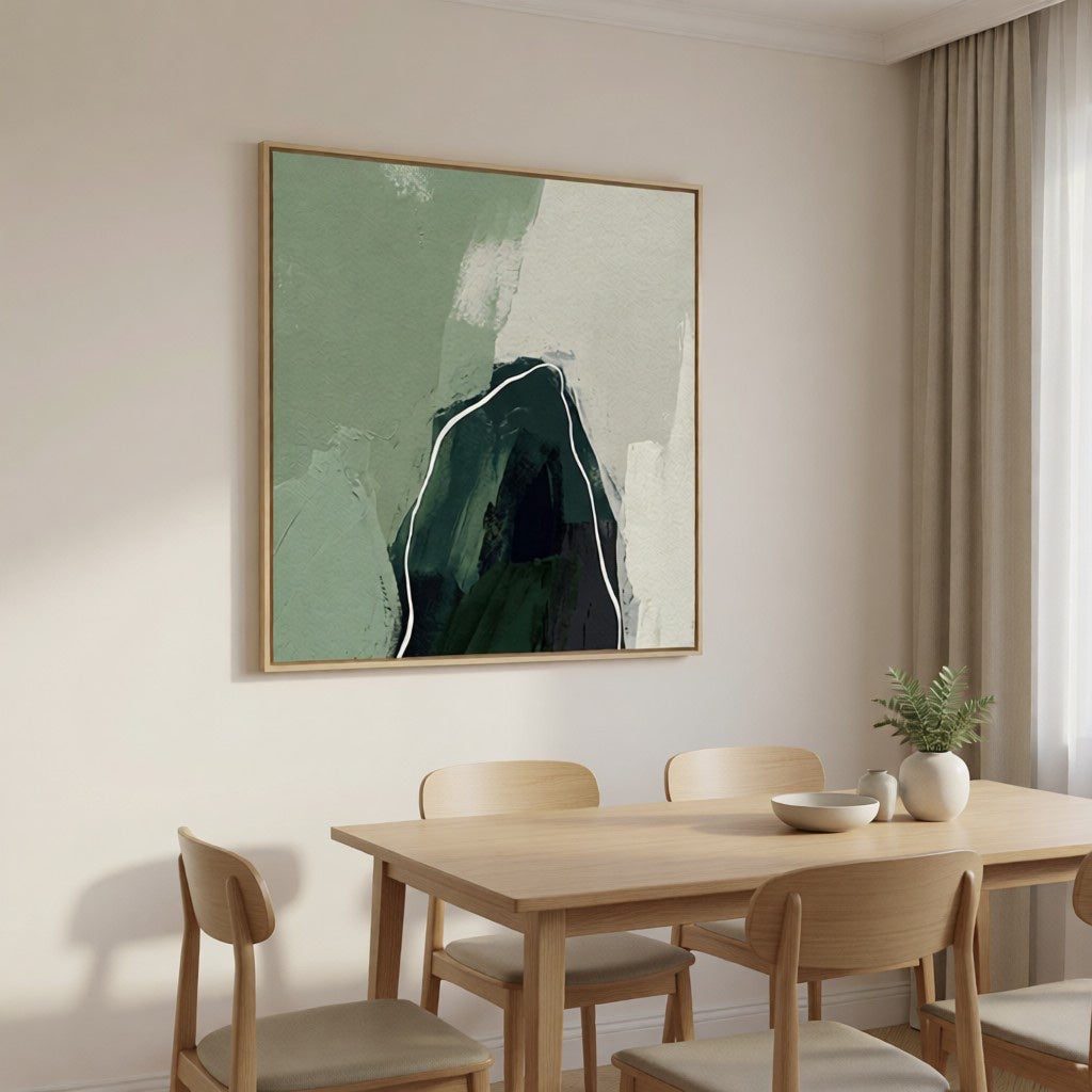 Modern Sage Green Abstract Mountain Oil Painting Wall Art styled in a refined neutral room setting to show wall scale, calm proportion, and interior decor mood.
