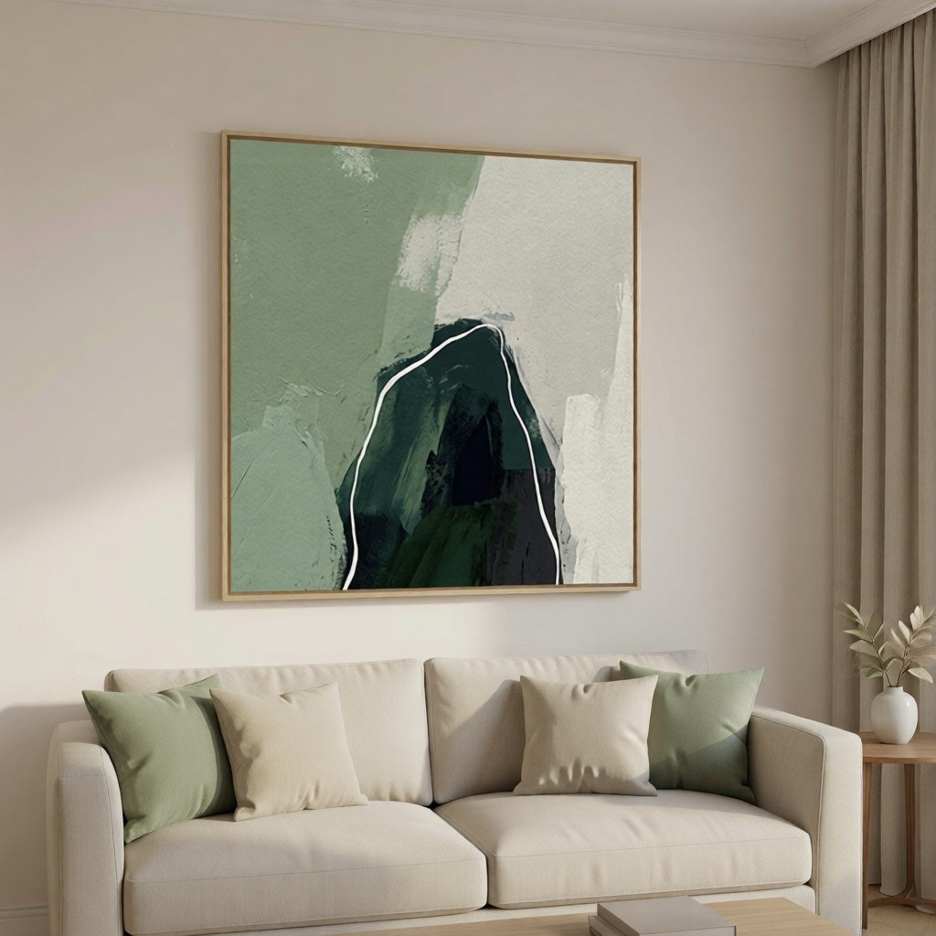 Modern Sage Green Abstract Mountain Oil Painting Wall Art styled in a refined neutral room setting to show wall scale, calm proportion, and interior decor mood.