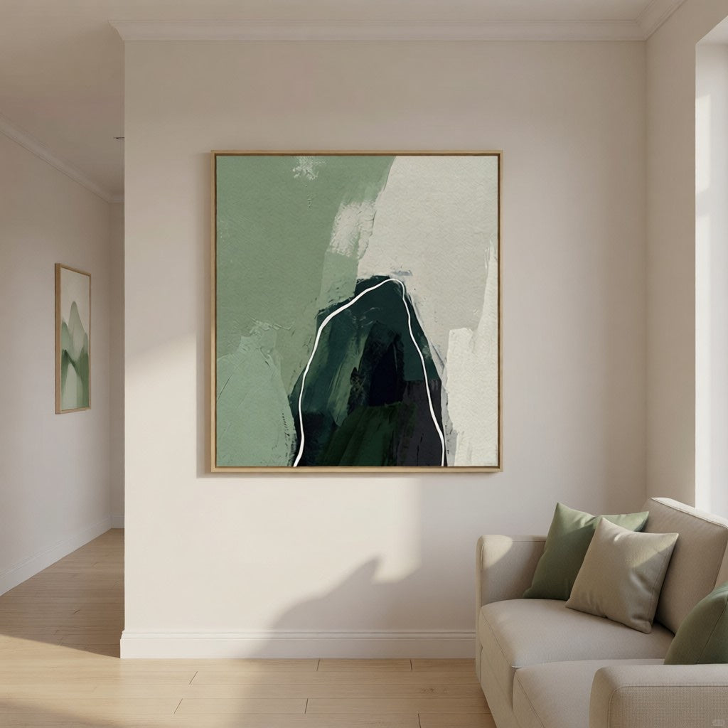Modern Sage Green Abstract Mountain Oil Painting Wall Art styled in a refined neutral room setting to show wall scale, calm proportion, and interior decor mood.