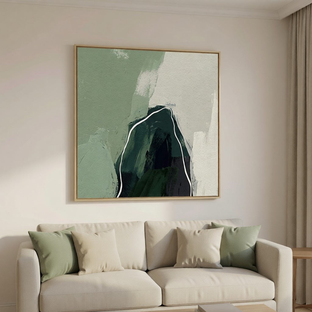 Modern Sage Green Abstract Mountain Oil Painting Wall Art styled in a refined neutral room setting to show wall scale, calm proportion, and interior decor mood.