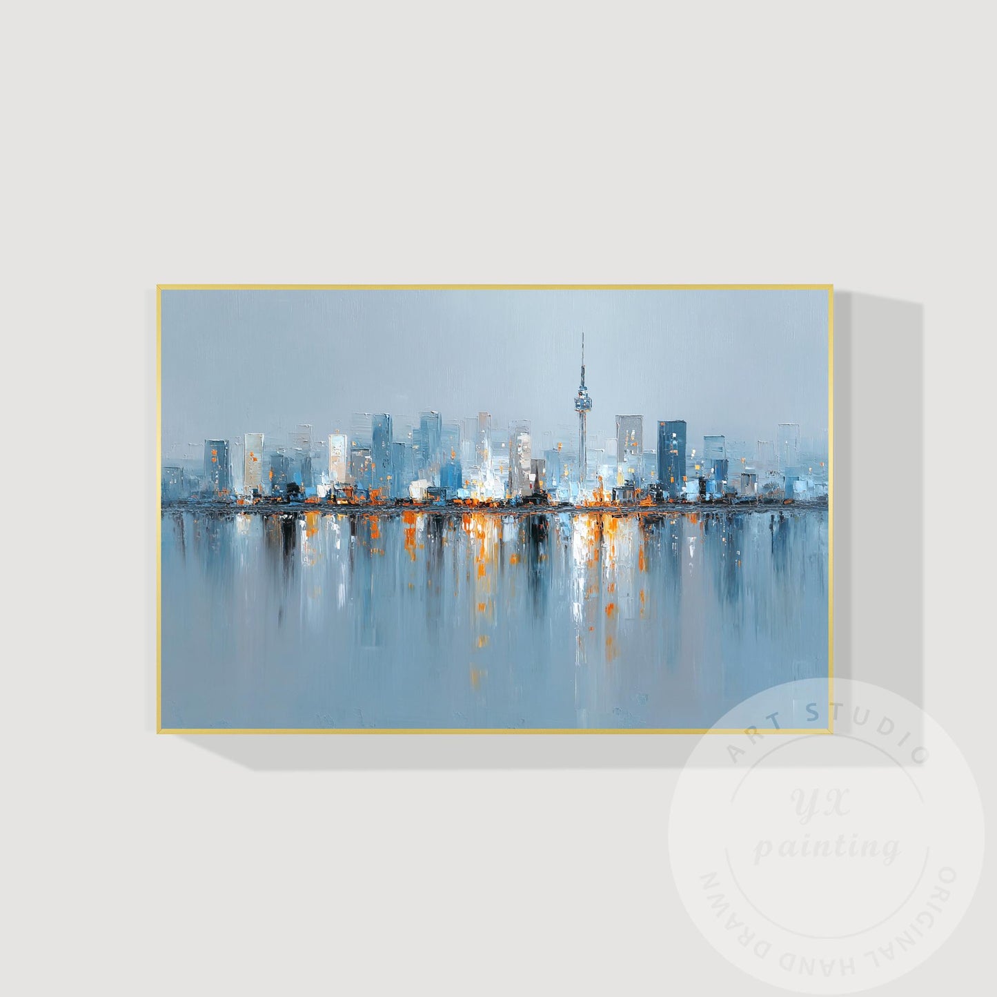 Modern Seoul Skyline Art, Horizontal Abstract Cityscape Painting, Large Canvas W #9