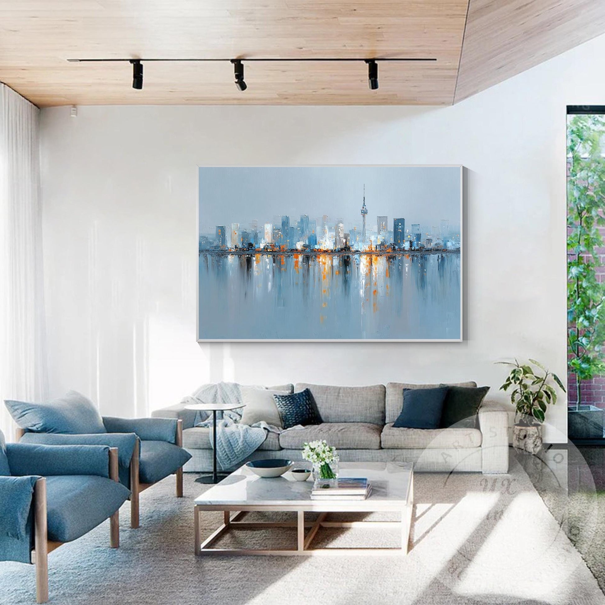 Modern Seoul Skyline Art, Horizontal Abstract Cityscape Painting, Large Canvas W #1