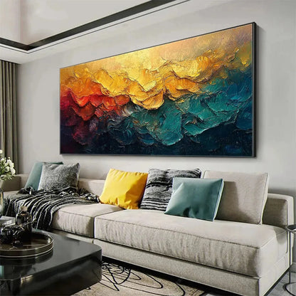 MOLTEN HORIZON: Textured Impasto Abstract Landscape Oil Painting | gold frame stretched on neutral wall