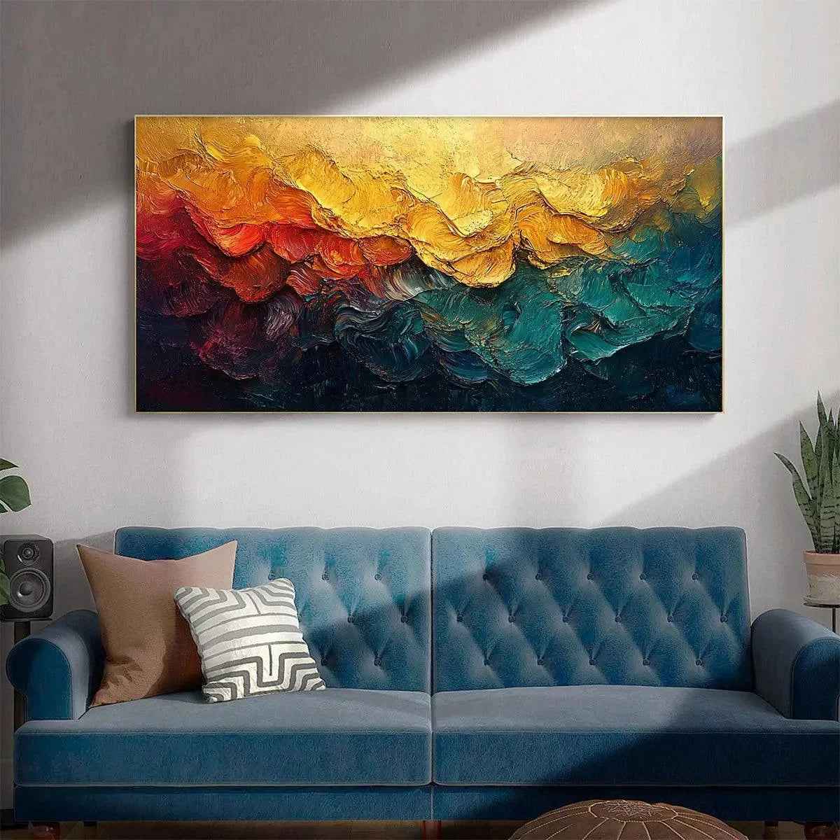 MOLTEN HORIZON: Textured Impasto Abstract Landscape Oil Painting | black frame version on white wall