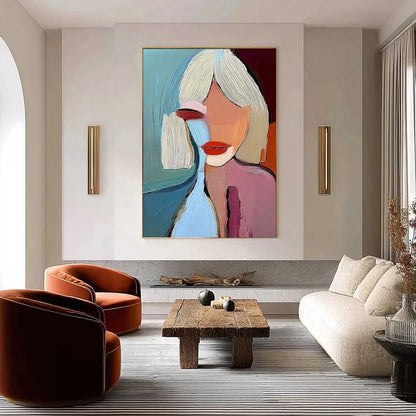 MOMENT IN COLOR: Abstract Textured Portrait Painting of a Woman | gold frame stretched on neutral wall