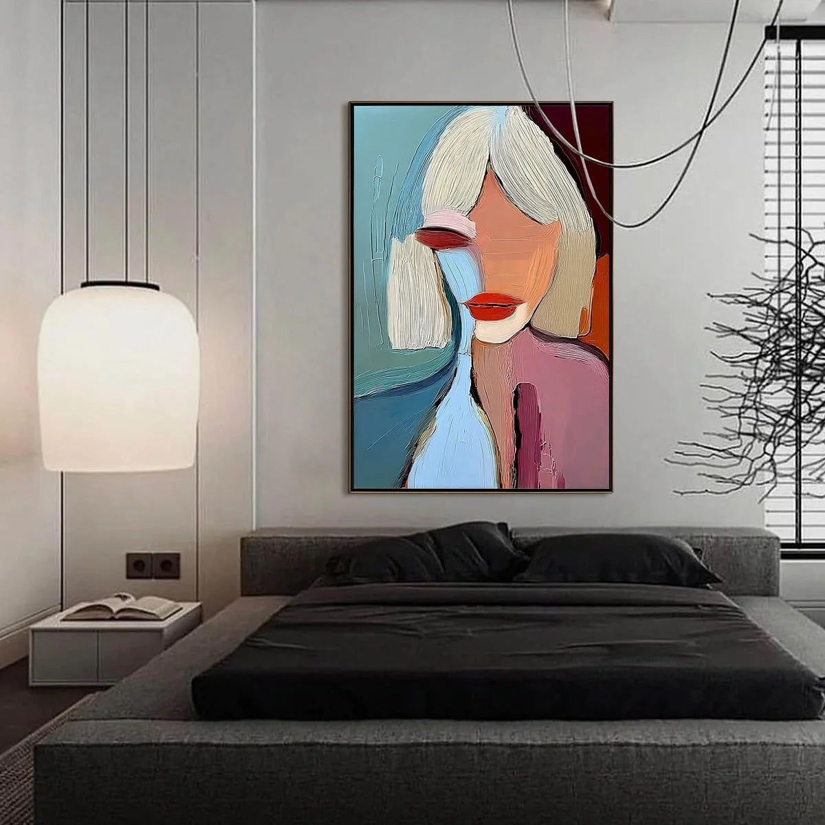 MOMENT IN COLOR: Abstract Textured Portrait Painting of a Woman | black frame version on white wall