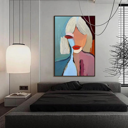 MOMENT IN COLOR: Abstract Textured Portrait Painting of a Woman | black frame version on white wall