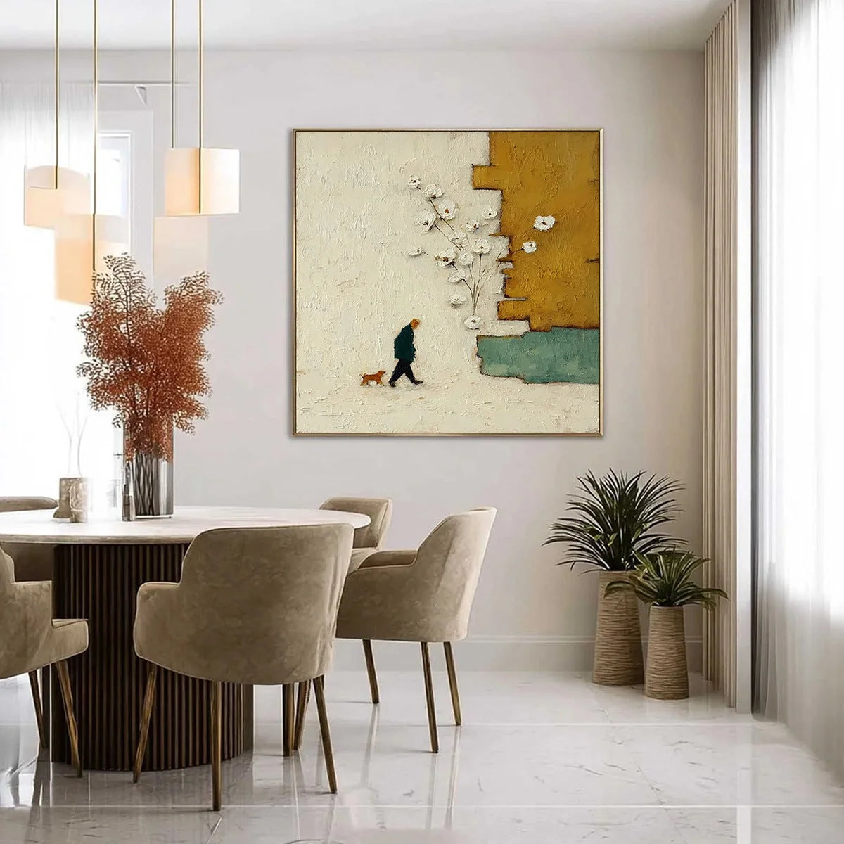 MOMENTS IN PASSING: Textured Minimalist Impasto Painting of a Daily Stroll | gold frame stretched on neutral wall