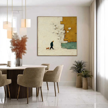 MOMENTS IN PASSING: Textured Minimalist Impasto Painting of a Daily Stroll | gold frame stretched on neutral wall