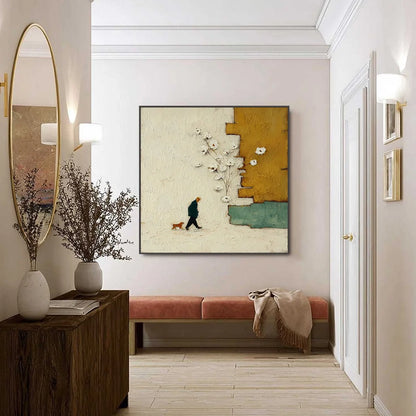 MOMENTS IN PASSING: Textured Minimalist Impasto Painting of a Daily Stroll | black frame version on white wall