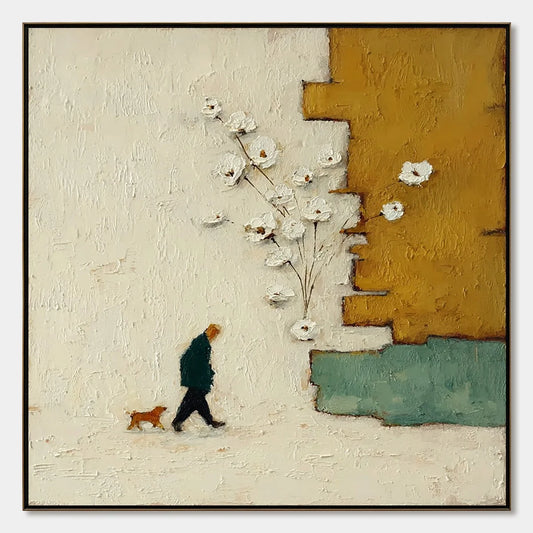 MOMENTS IN PASSING: Textured Minimalist Impasto Painting of a Daily Stroll | hanging in living room, Minimalist wall art