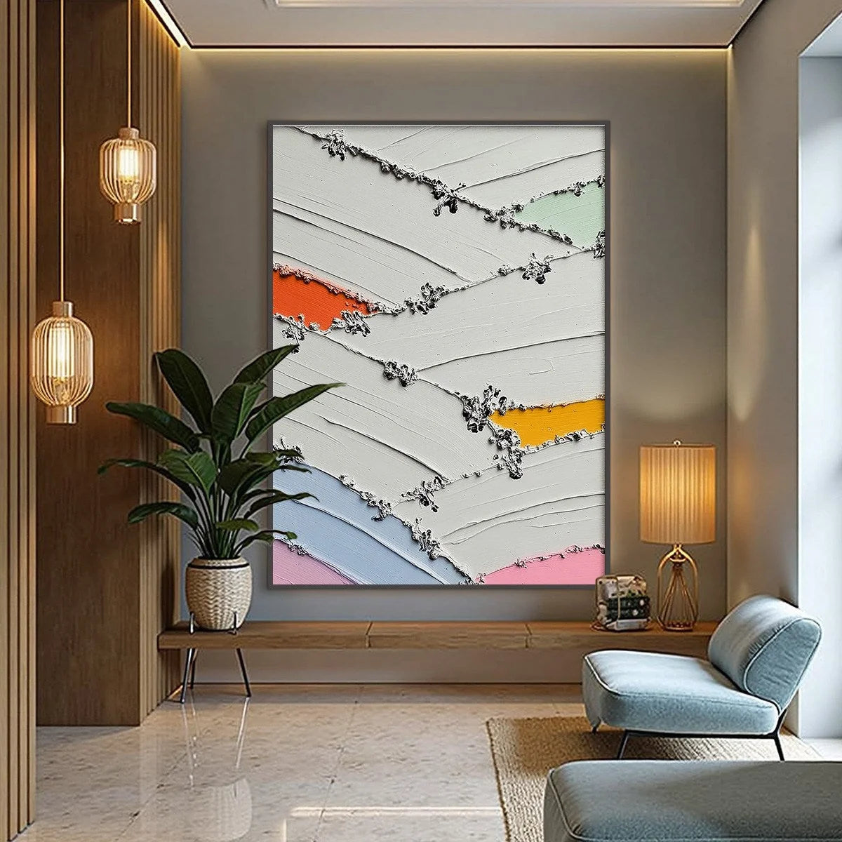 Moments of Color Abstract Oil Painting | Textured Wall Art | gold frame stretched on neutral wall