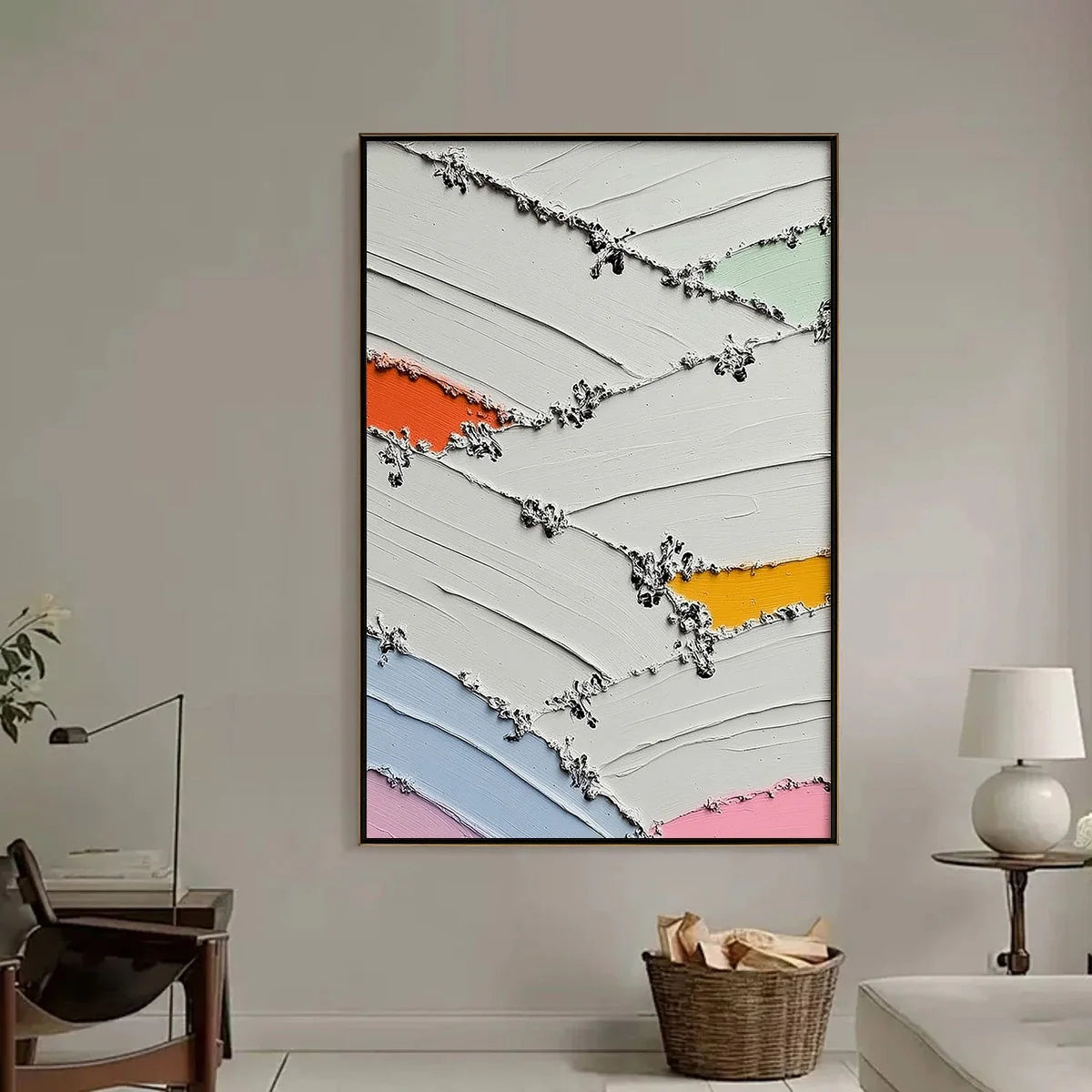 Moments of Color Abstract Oil Painting | Textured Wall Art | black frame version on white wall