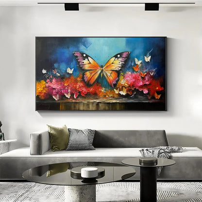 MONARCH'S REPOSE: Orange and Purple Butterfly with Floral Impasto Oil Painting | Abstract closeup, raised brushwork detail