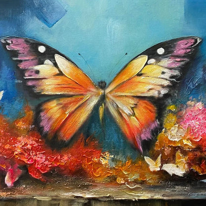 MONARCH'S REPOSE: Orange and Purple Butterfly with Floral Impasto Oil Painting | rectangular format, hand-painted canvas edge