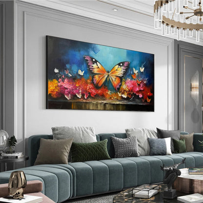 MONARCH'S REPOSE: Orange and Purple Butterfly with Floral Impasto Oil Painting | gold frame stretched on neutral wall