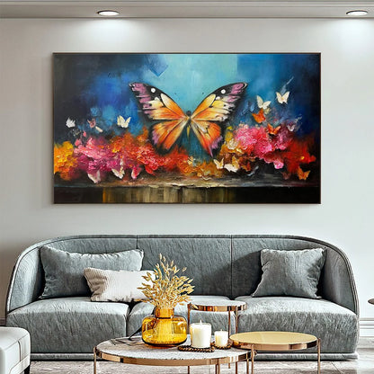 MONARCH'S REPOSE: Orange and Purple Butterfly with Floral Impasto Oil Painting | black frame version on white wall