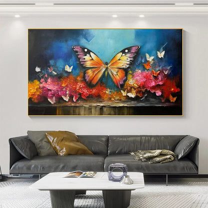 MONARCH'S REPOSE: Orange and Purple Butterfly with Floral Impasto Oil Painting | Abstract mood, soft natural light studio shot