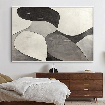 MONOCHROME FLOW: Minimalist Abstract Shapes Oil Painting | rectangular format, hand-painted canvas edge