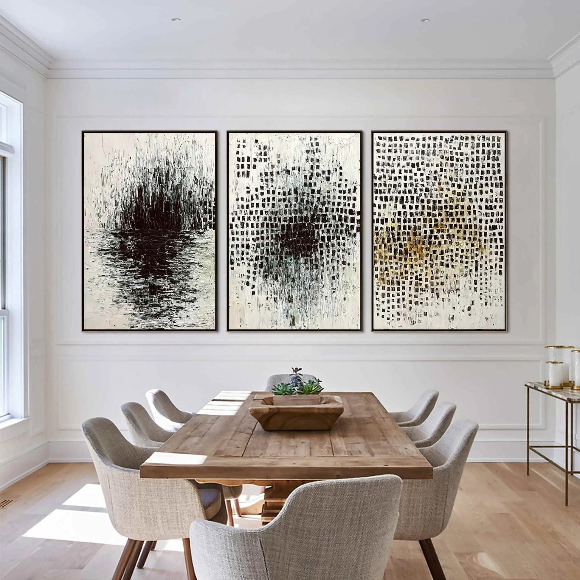 MONOCHROME METAMORPHOSIS: Wabi Sabi Textured Abstract Triptych | Abstract closeup, raised brushwork detail