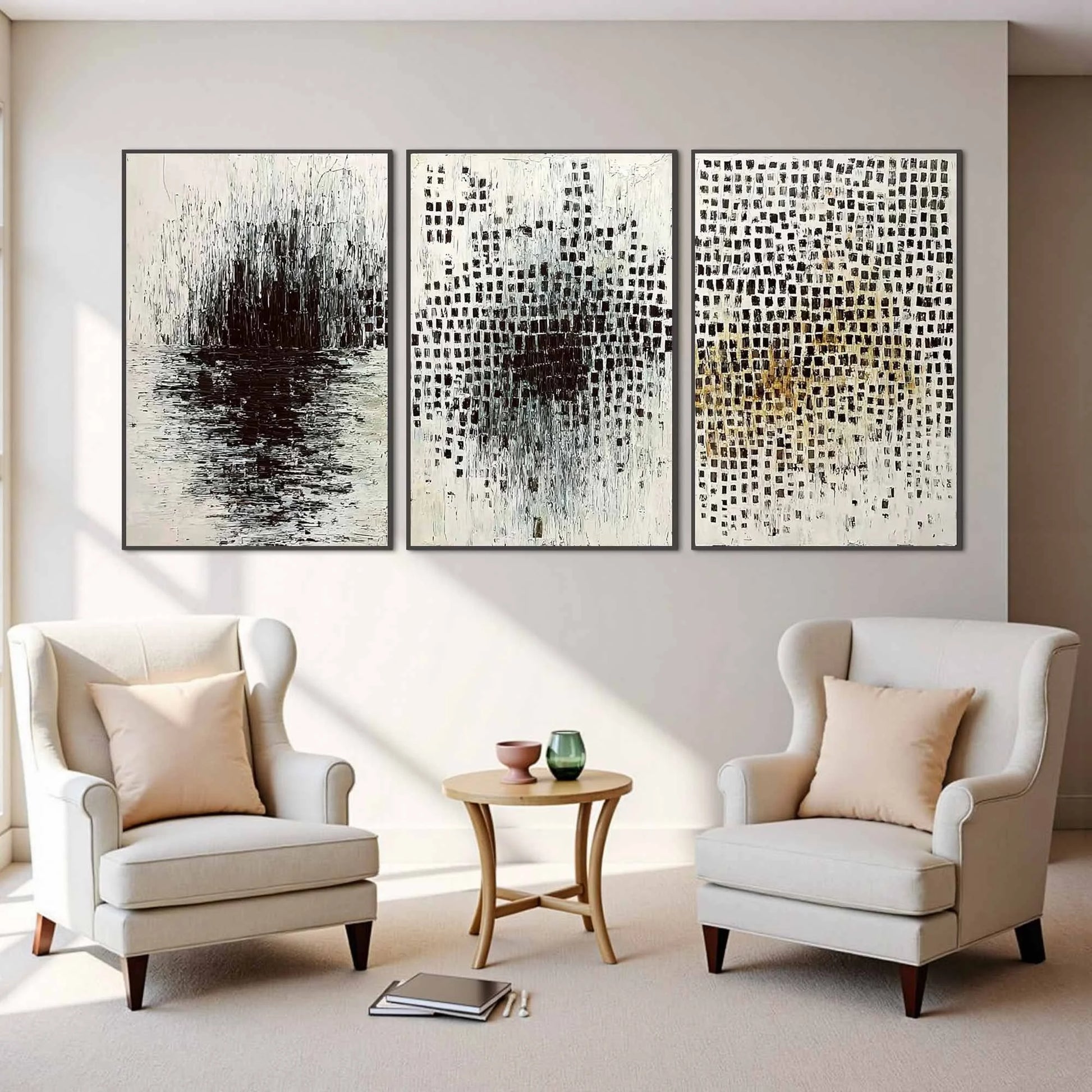 MONOCHROME METAMORPHOSIS: Wabi Sabi Textured Abstract Triptych | gold frame stretched on neutral wall