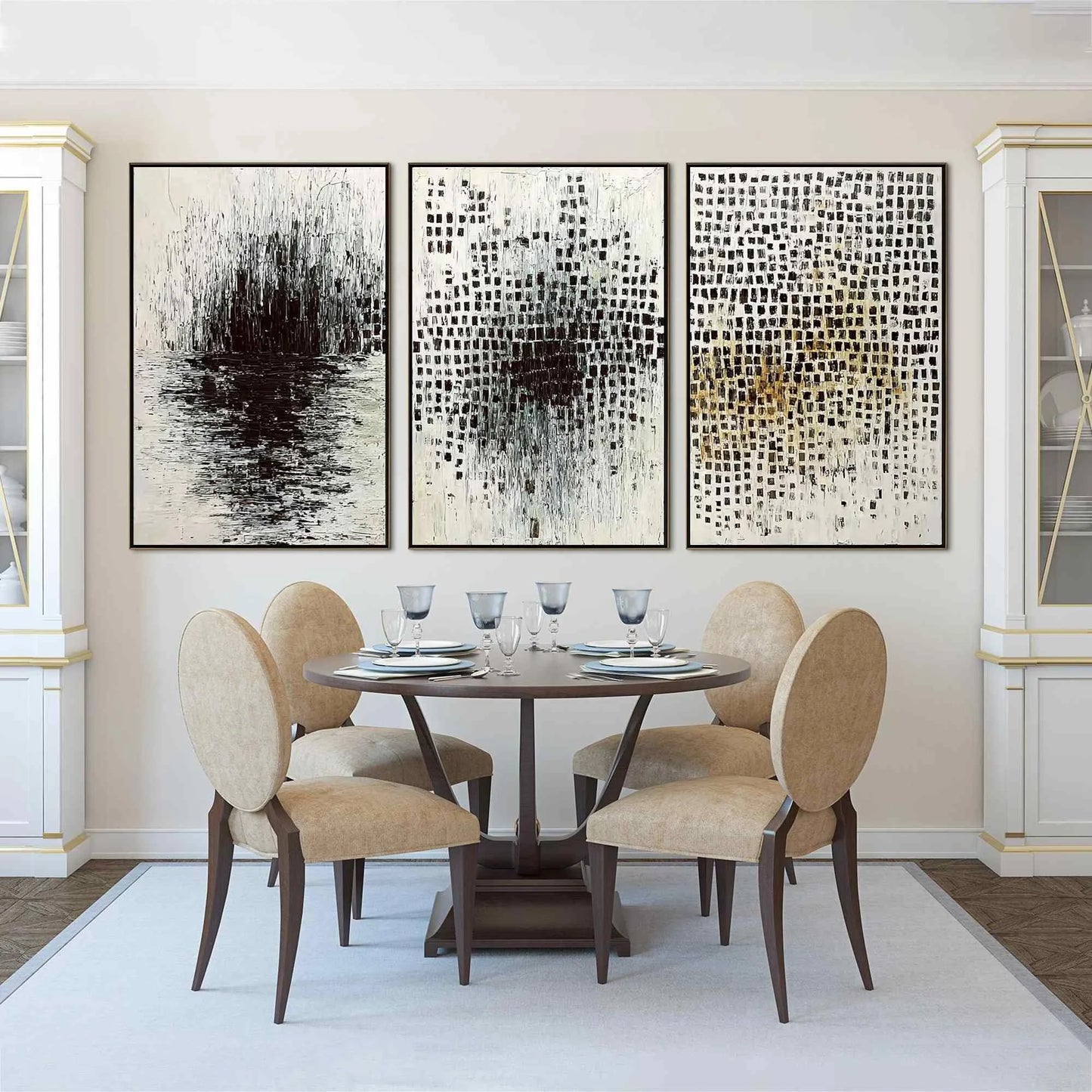 MONOCHROME METAMORPHOSIS: Wabi Sabi Textured Abstract Triptych | black frame version on white wall