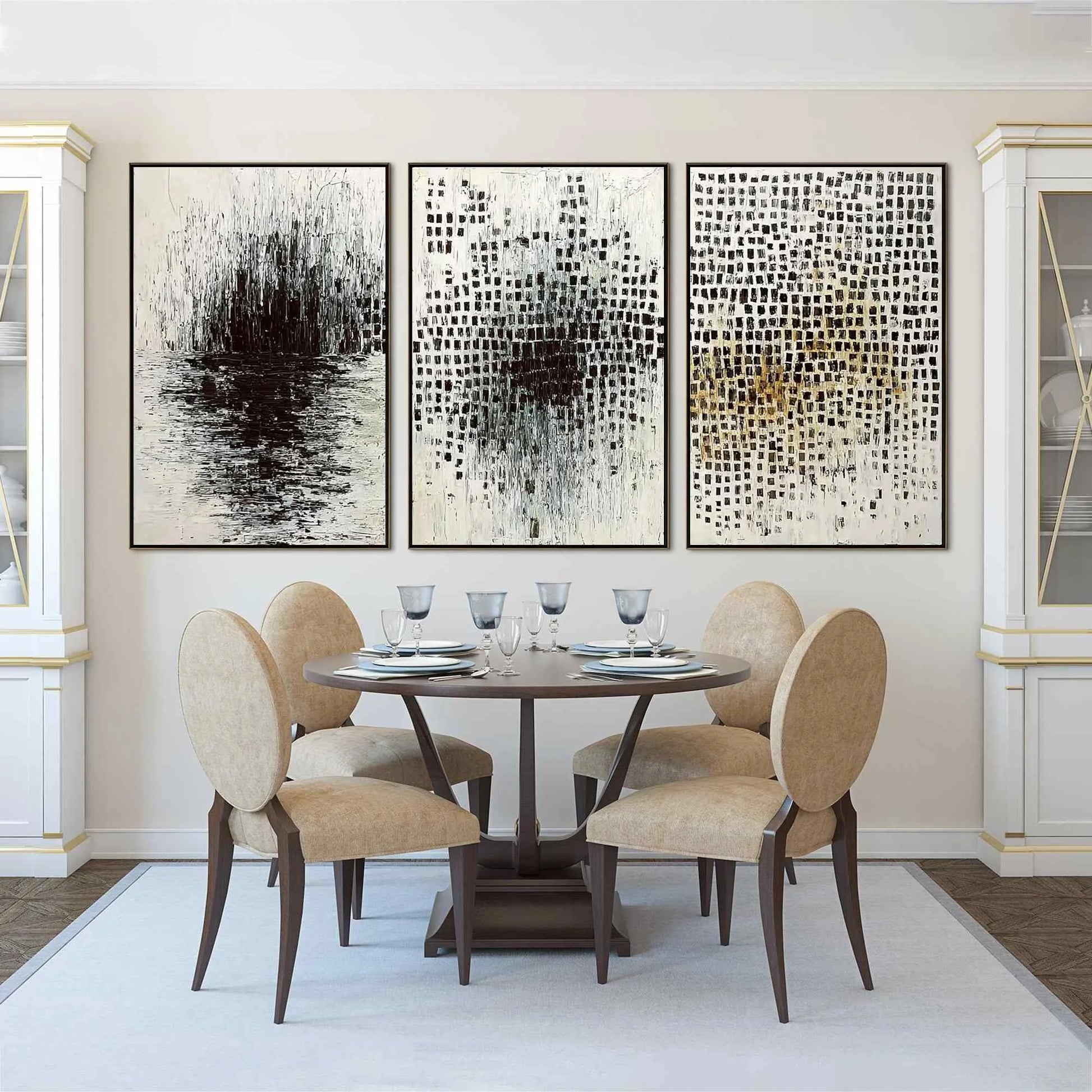 MONOCHROME METAMORPHOSIS: Wabi Sabi Textured Abstract Triptych | black frame version on white wall