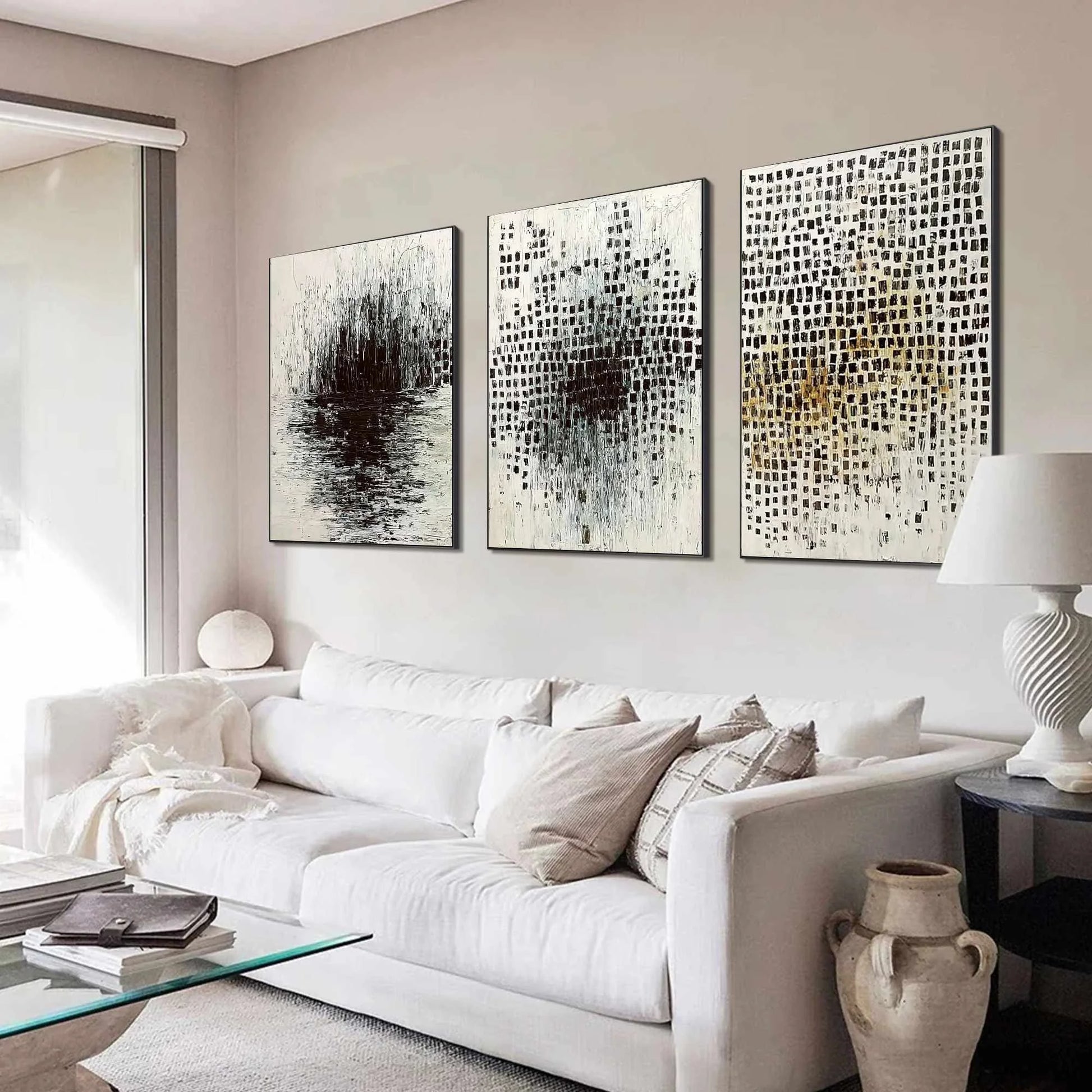 MONOCHROME METAMORPHOSIS: Wabi Sabi Textured Abstract Triptych | Abstract mood, soft natural light studio shot