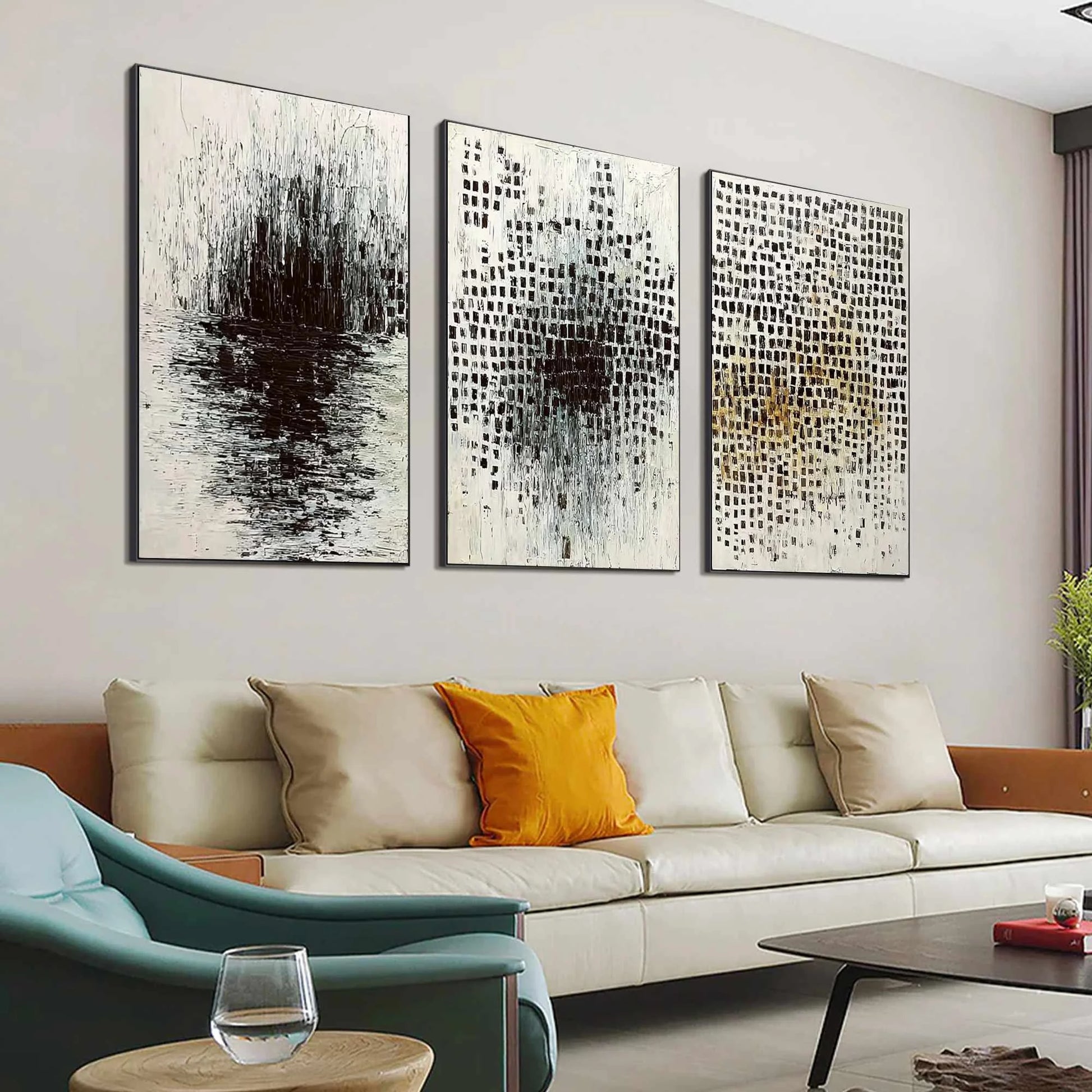 MONOCHROME METAMORPHOSIS: Wabi Sabi Textured Abstract Triptych | multi-color palette, original oil on stretched canvas art