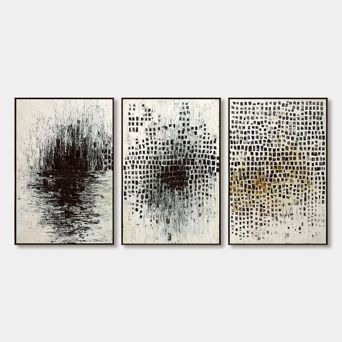 MONOCHROME METAMORPHOSIS: Wabi Sabi Textured Abstract Triptych | hanging in living room, Abstract wall art