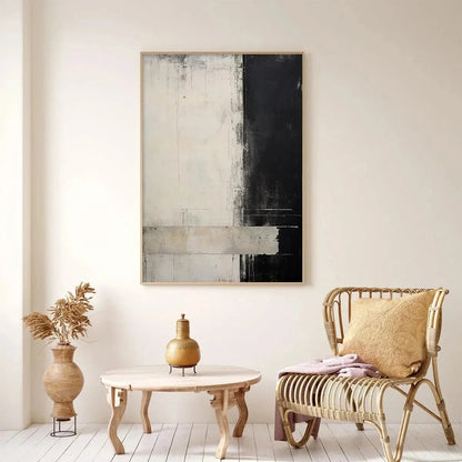 MONOCHROME MINIMALISM: Abstract Painting, Black and White Wall Art, Textured Canvas, Vertical | gold frame stretched on neutral wall
