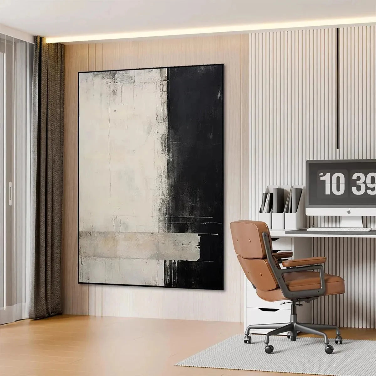 MONOCHROME MINIMALISM: Abstract Painting, Black and White Wall Art, Textured Canvas, Vertical | black frame version on white wall