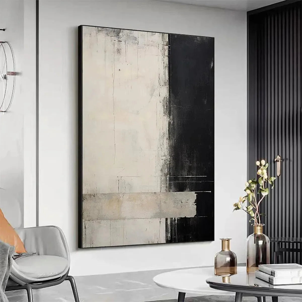 MONOCHROME MINIMALISM: Abstract Painting, Black and White Wall Art, Textured Canvas, Vertical | Abstract mood, soft natural light studio shot