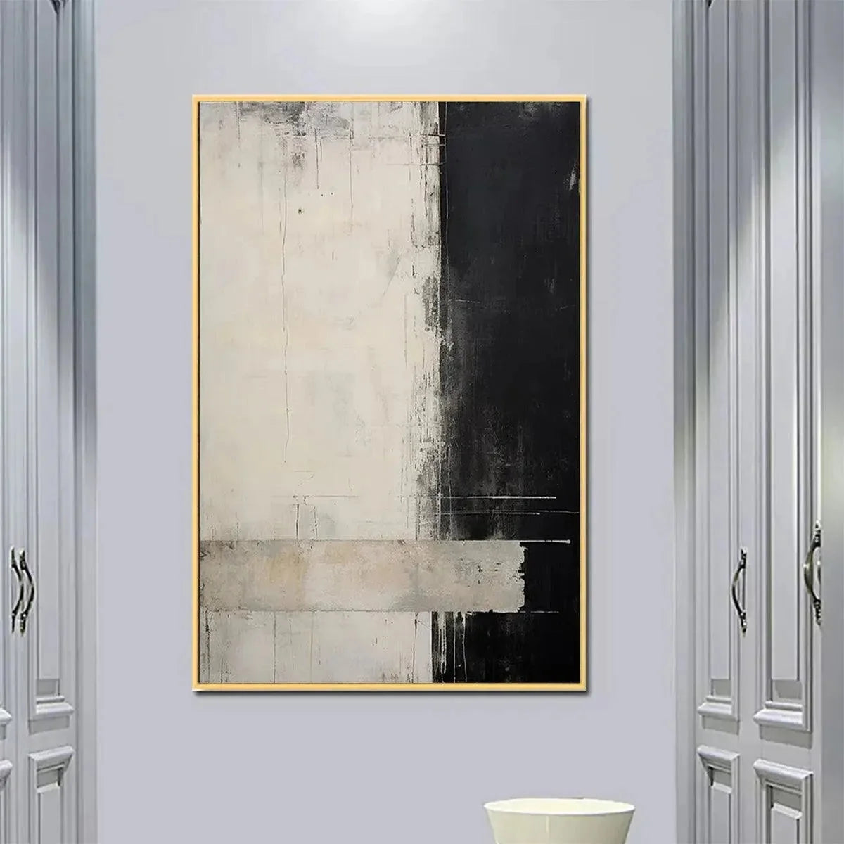 MONOCHROME MINIMALISM: Abstract Painting, Black and White Wall Art, Textured Canvas, Vertical | beige palette, original oil on stretched canvas art