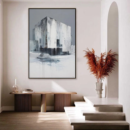 MONOLITHIC ECHO: Minimalist Abstract Architectural Painting | gold frame stretched on neutral wall