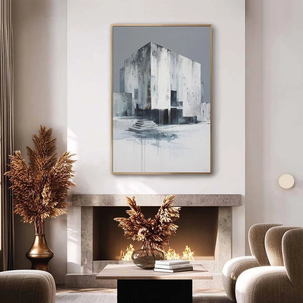 MONOLITHIC ECHO: Minimalist Abstract Architectural Painting | black frame version on white wall