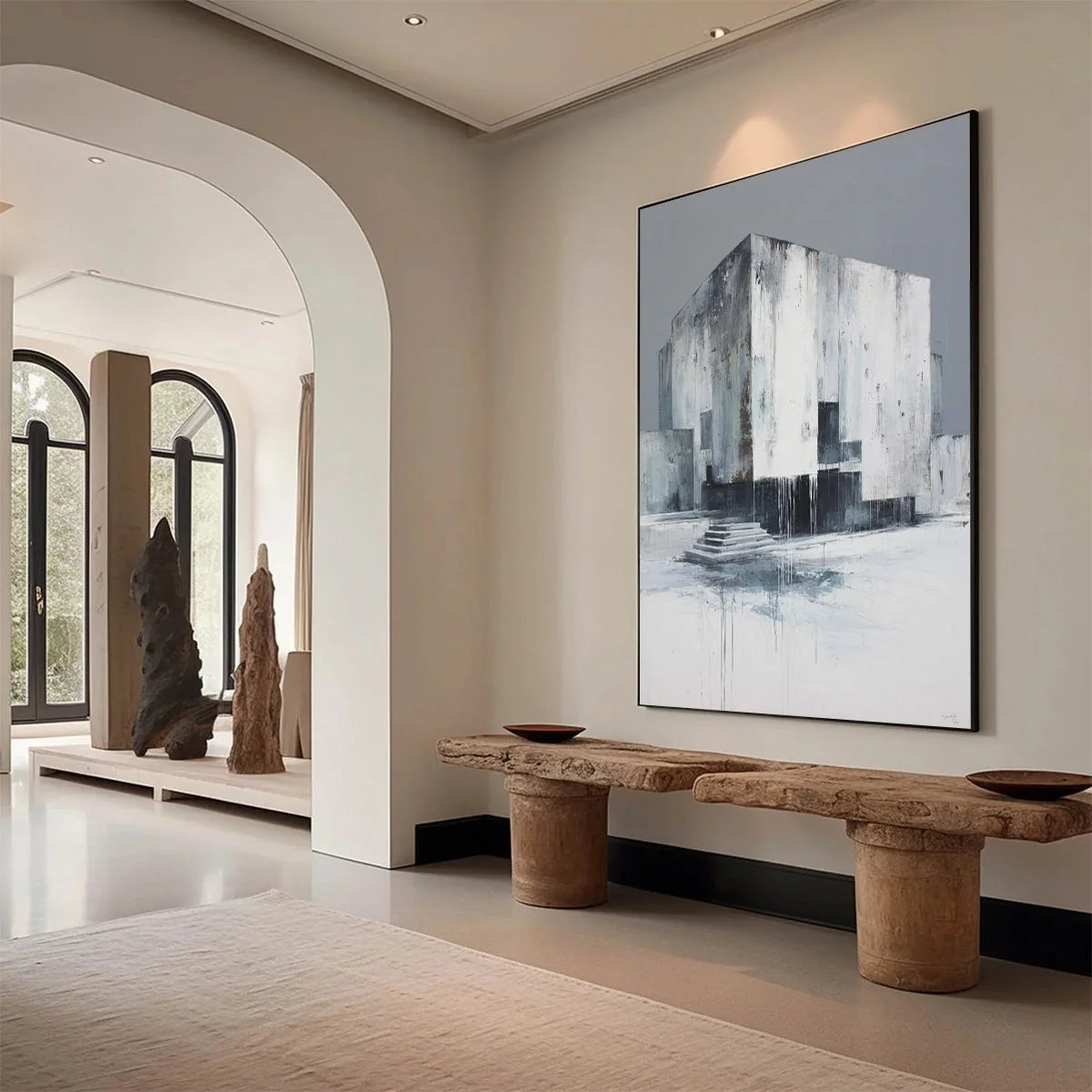 MONOLITHIC ECHO: Minimalist Abstract Architectural Painting | Minimalist mood, soft natural light studio shot