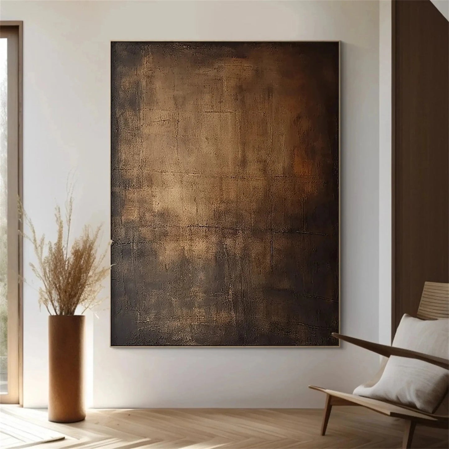Moody Abstract Canvas Art Large Dark Textured Brown Painting styled in a refined neutral room setting to show wall scale, calm proportion, and interior decor mood.
