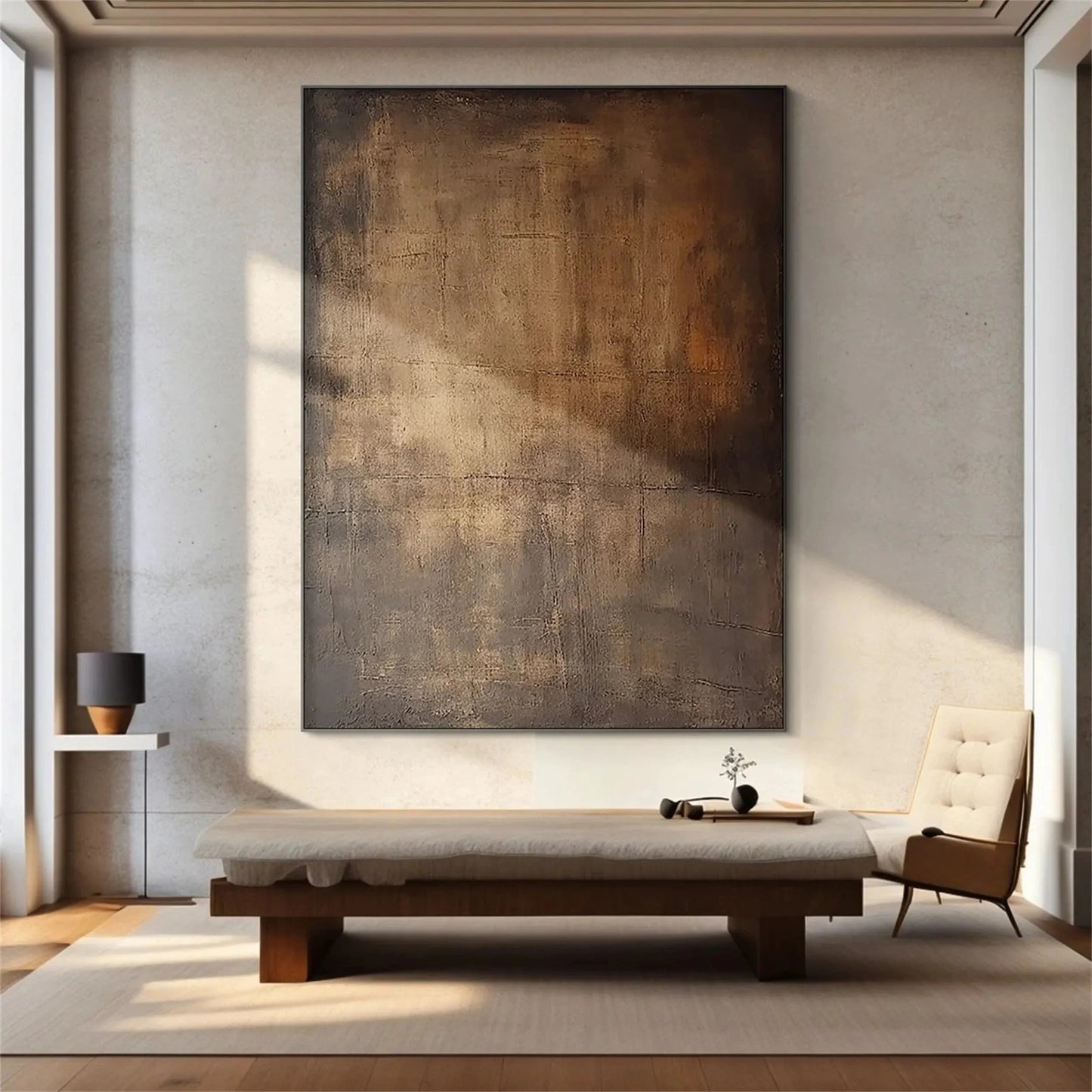 Close view of Moody Abstract Canvas Art Large Dark Textured Brown Painting showing raised texture, layered brushwork, and tactile canvas detail for neutral home decor.